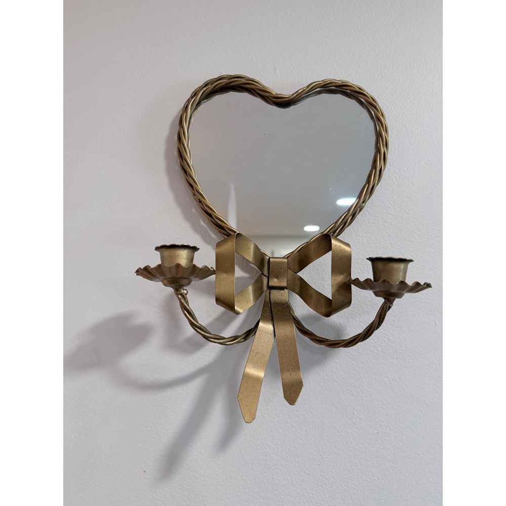 Vintage Gold Colored Metal Heart Mirror Wall Sconce Double Taper Candle Bow
